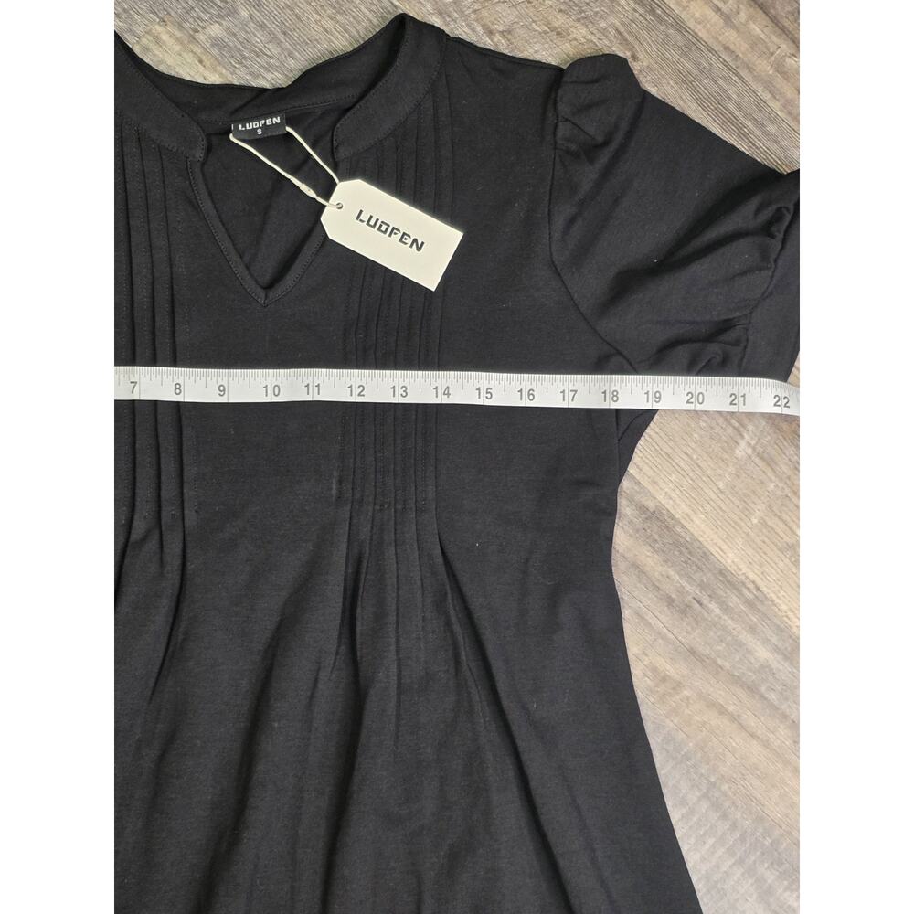 Luofen Womens Black Pleated Pintuck Dress Size S Small NWT Puff Sleeve Casual - Picture 2 of 5